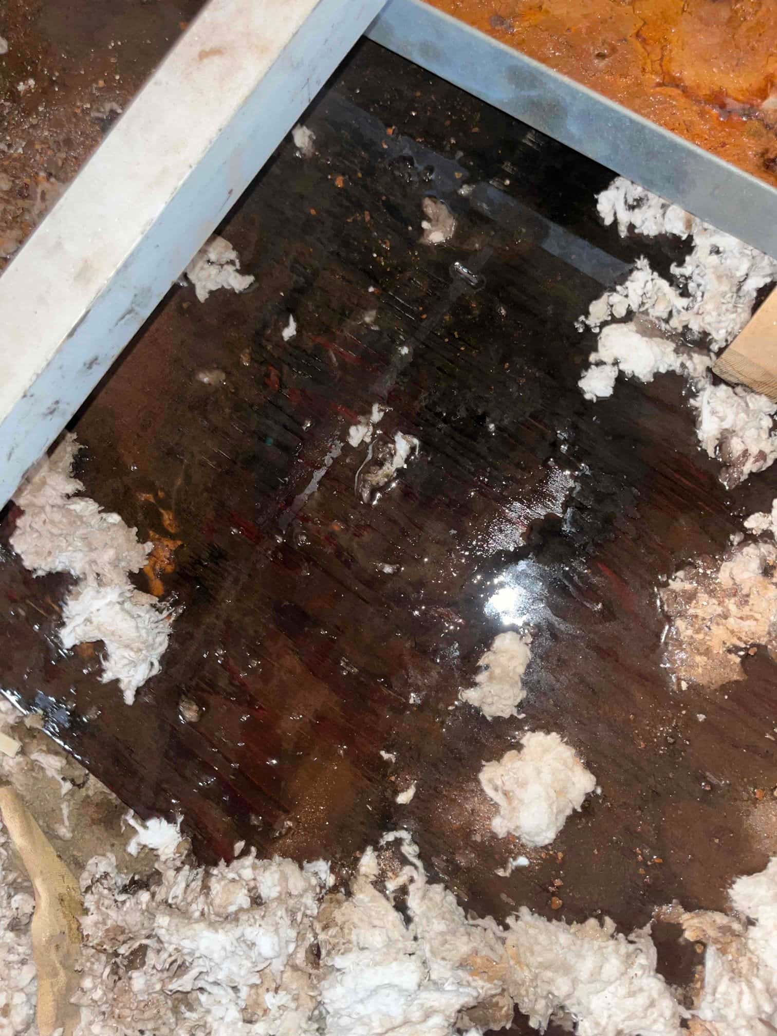 Wet attic subfloor with scattered insulation beneath an air handler platform, showing water from a leaking condensate drain pan.