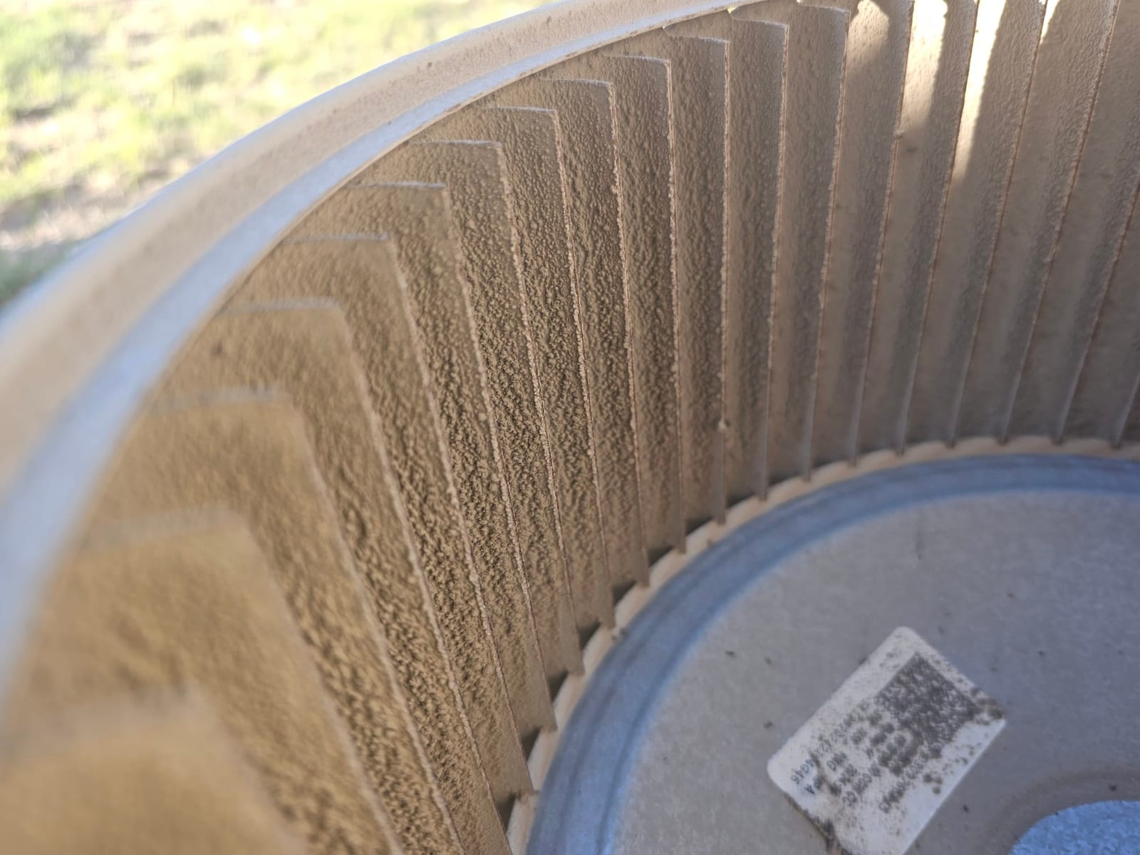 Blower wheel with heavy dust buildup on the fins and inner ring.