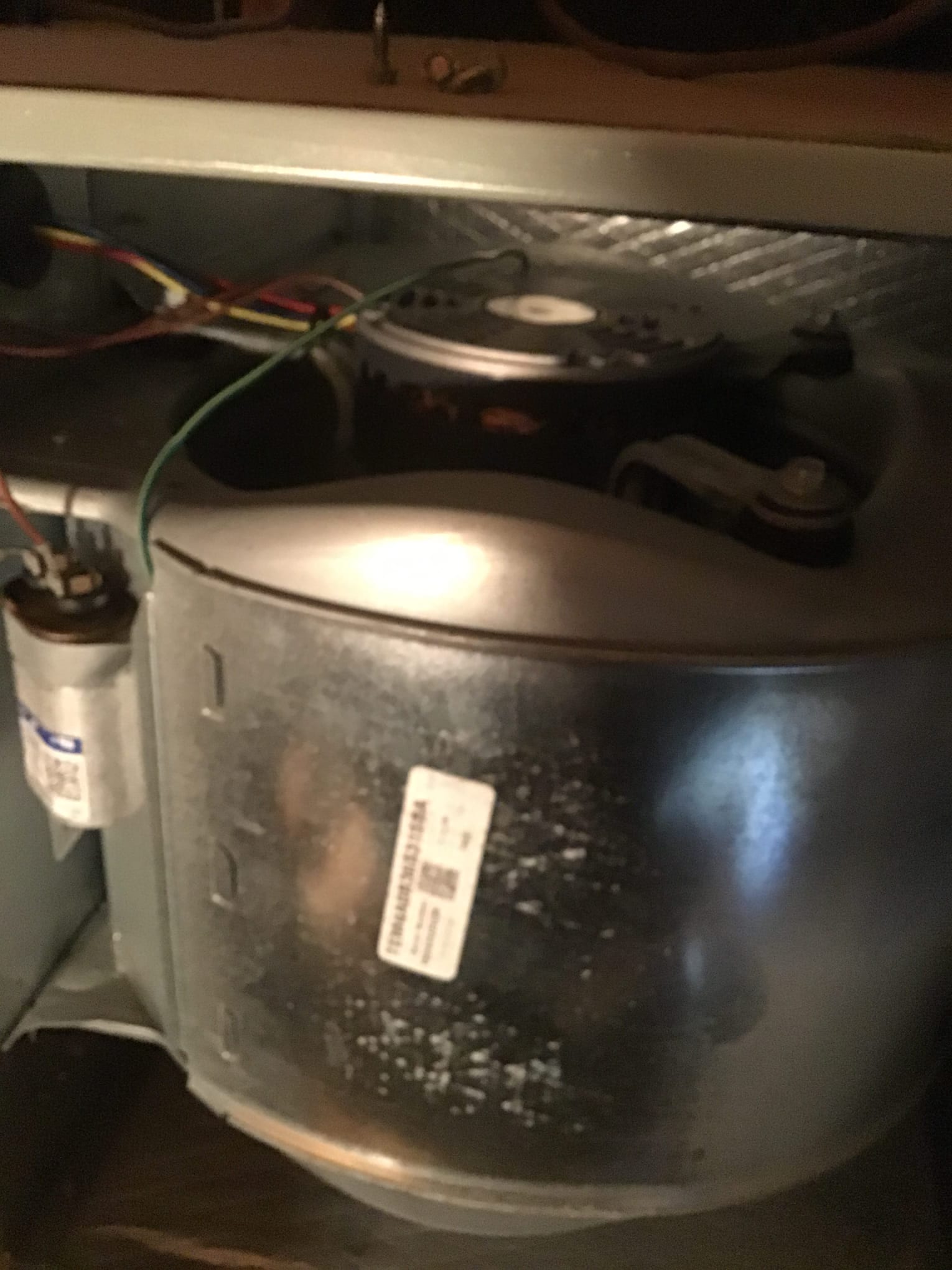 Furnace blower housing and motor with attached capacitor and wiring inside the air handler.