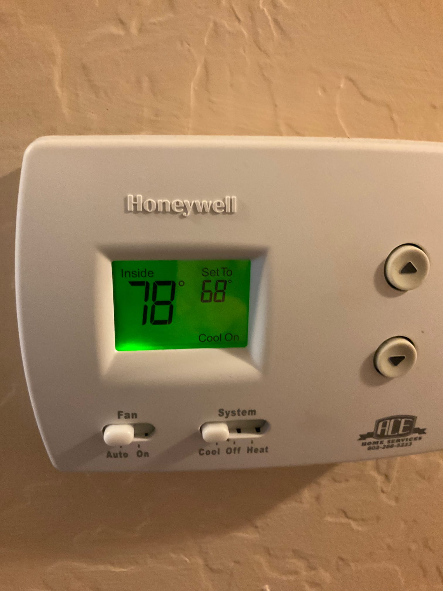 Wall thermostat shows inside 78°F and setpoint 68°F with cooling mode on.