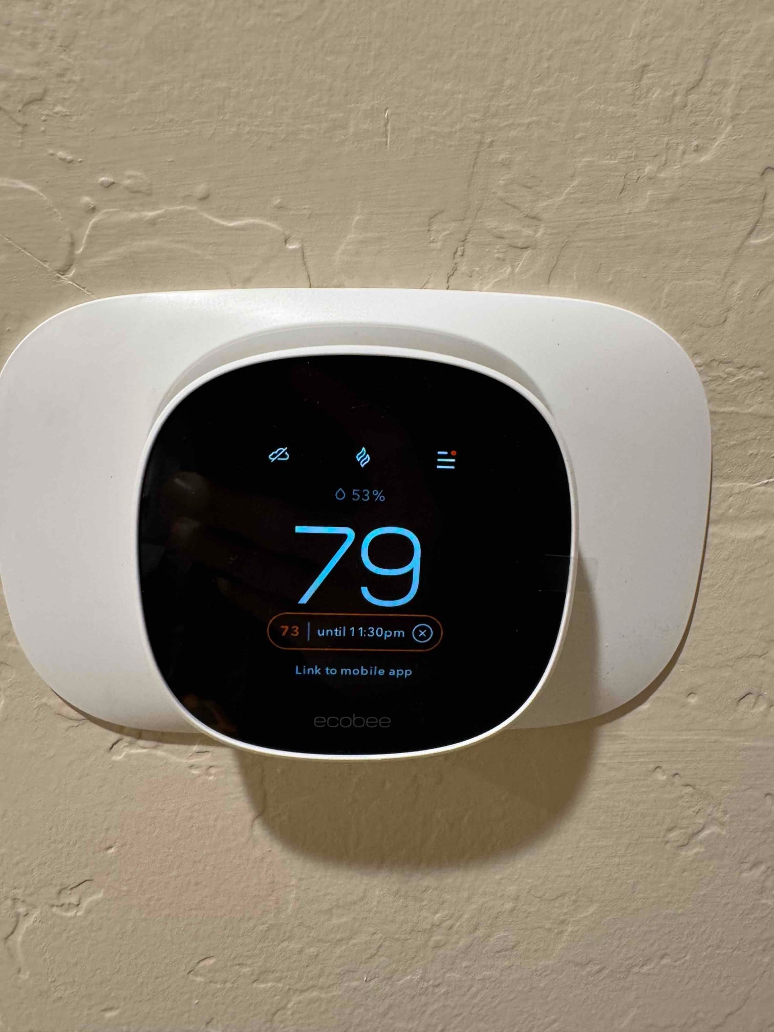 Ecobee smart thermostat installed on interior wall, displaying current indoor temperature of 79 degrees with system status icons.