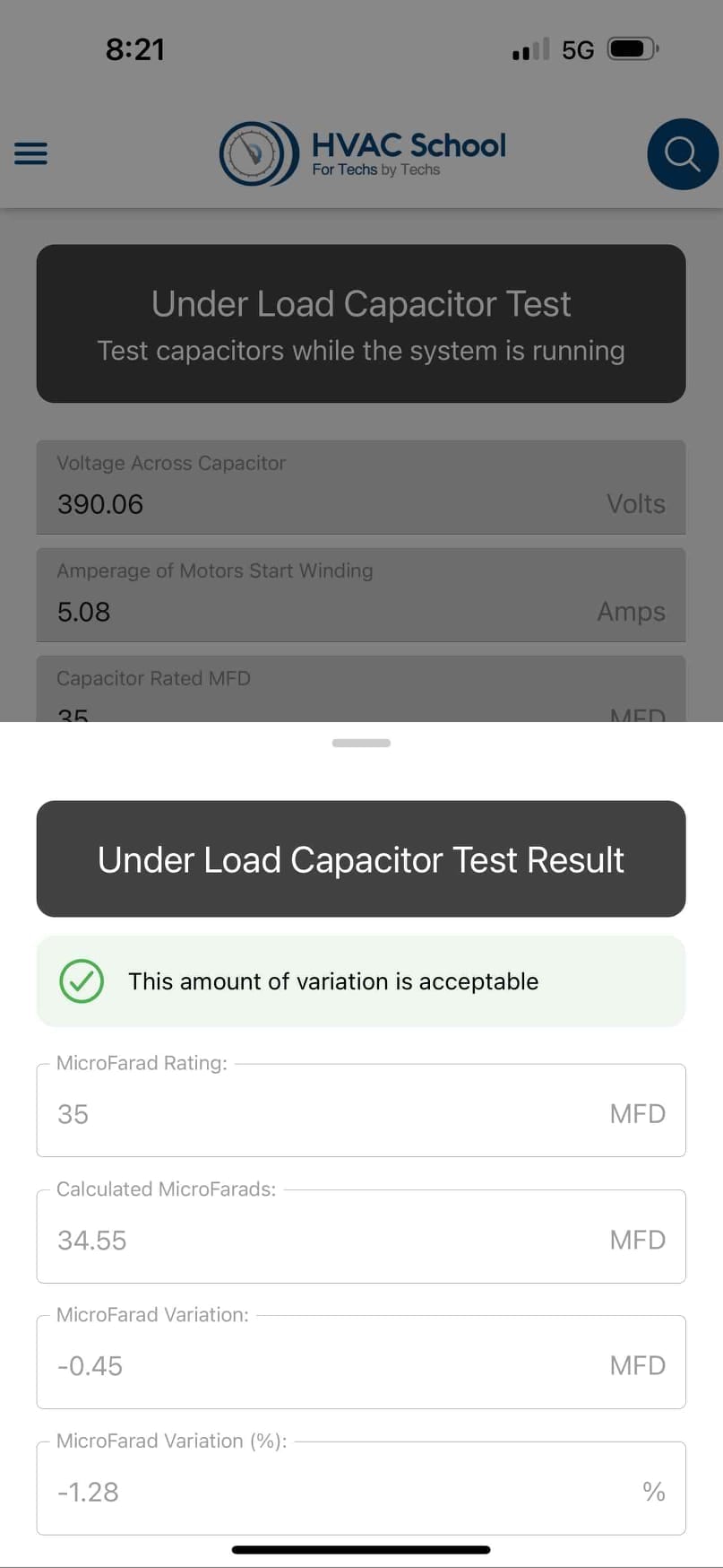 Smartphone app displays an under-load capacitor test with calculated capacitance of 34.55 μF and related test values.