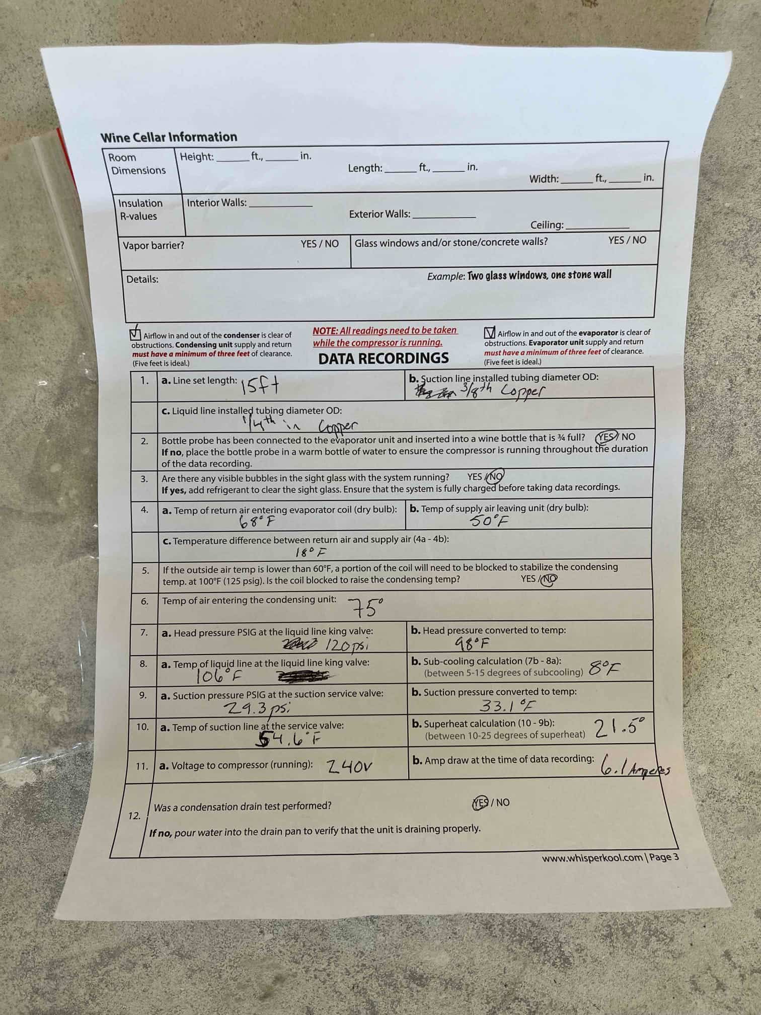 Completed startup checklist shows recorded HVAC commissioning data including return and supply air temperatures, pressures, superheat, subcooling, voltage, and amperage.