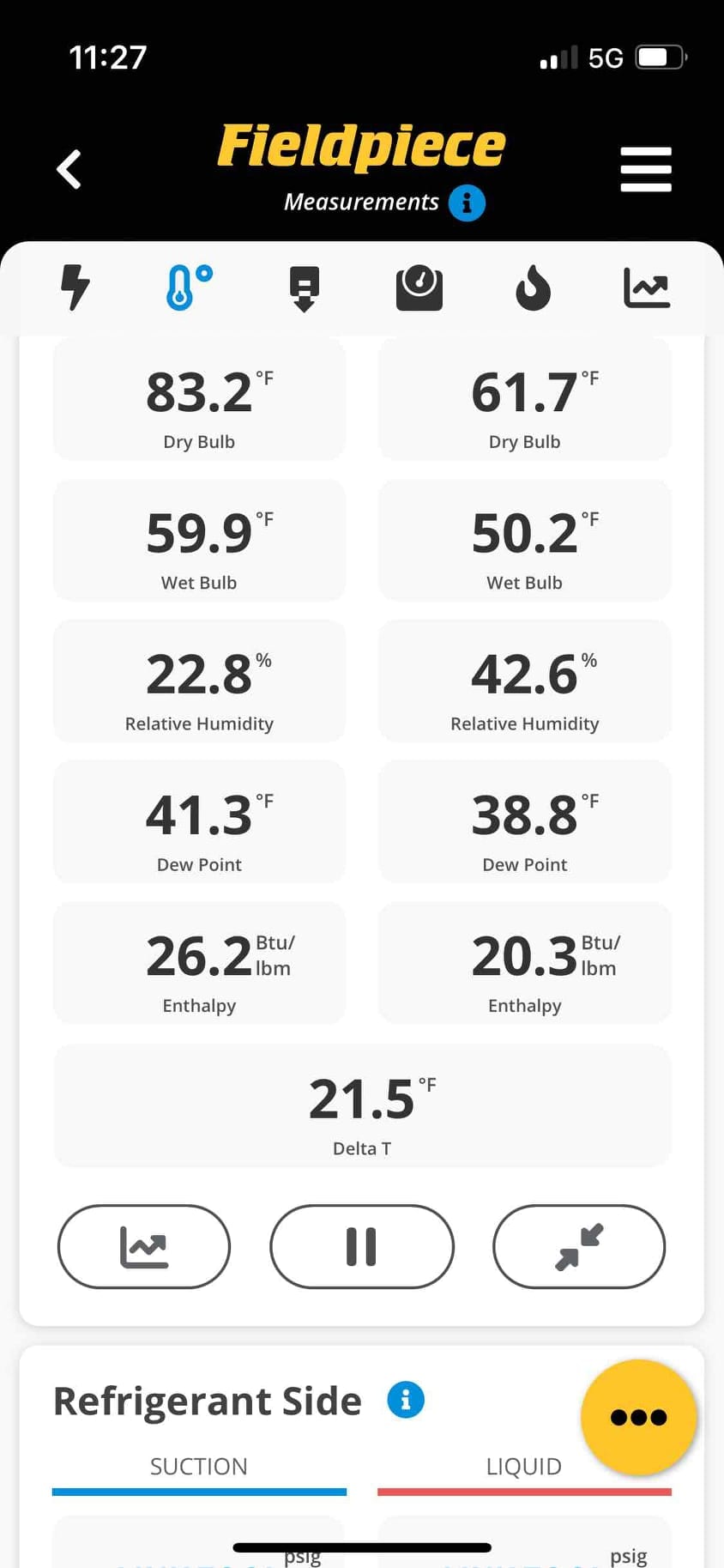 HVAC measurement app displays 21.5 °F Delta T with dry bulb, wet bulb, humidity, dew point, and enthalpy values.