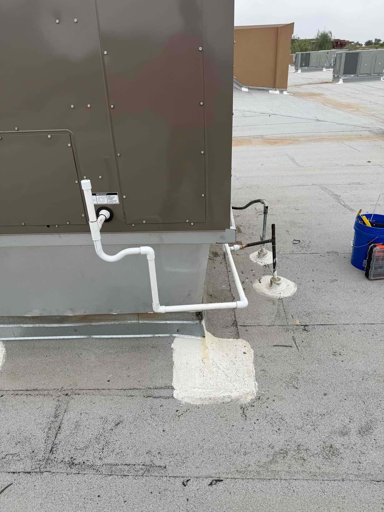 Rooftop package unit with newly routed condensate drain piping and sealed curb flashing visible around the equipment base.