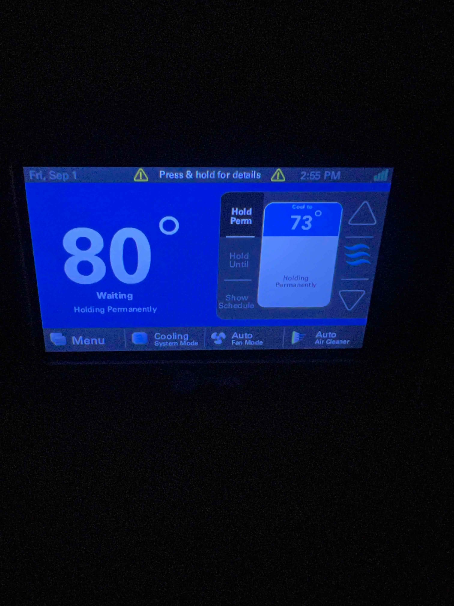 Thermostat screen displays 80°F indoor temperature and a cooling setpoint of 73°F on hold.