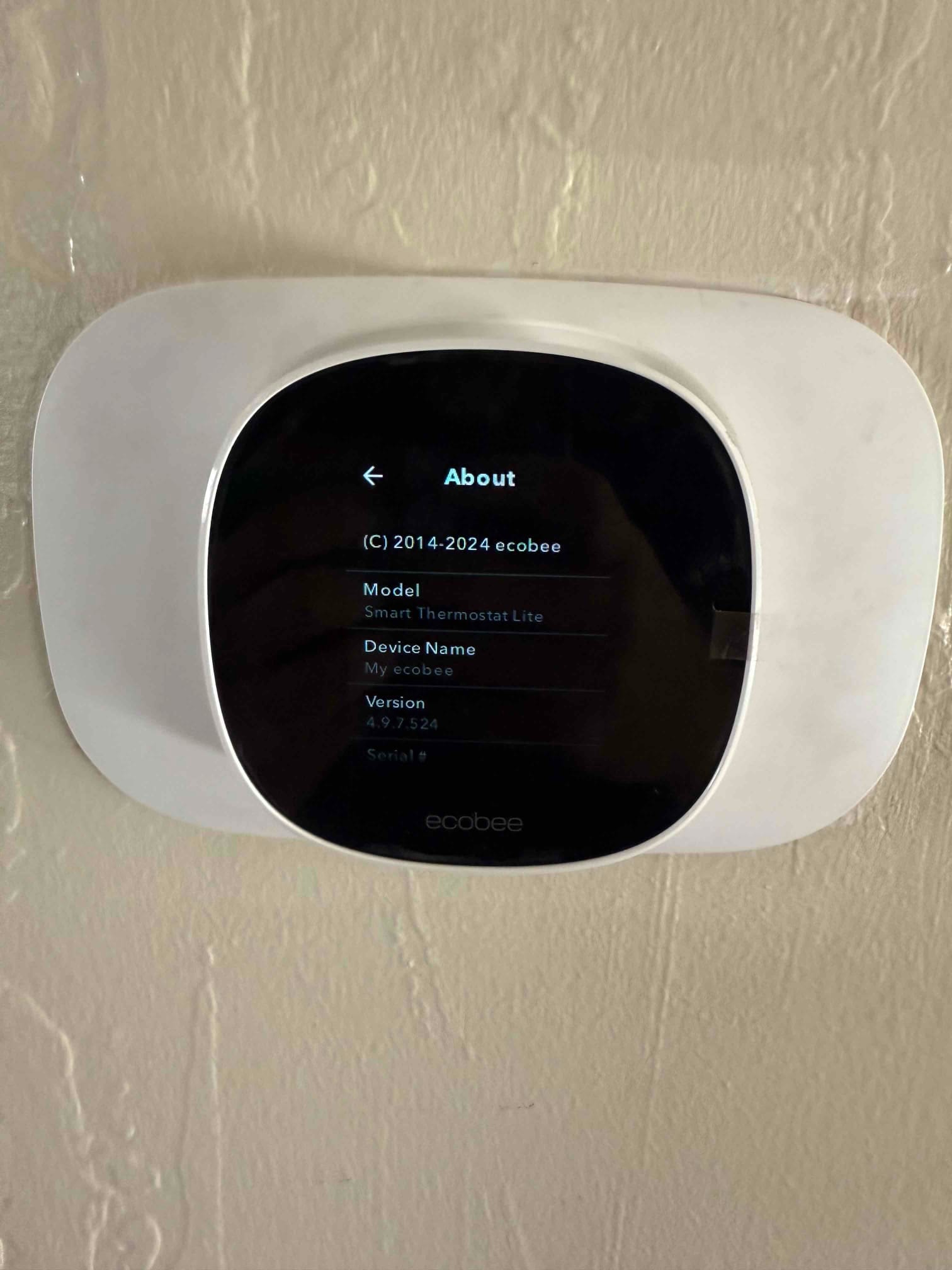 Wall-mounted smart thermostat displaying the About screen after installation, confirming device setup and software version information.