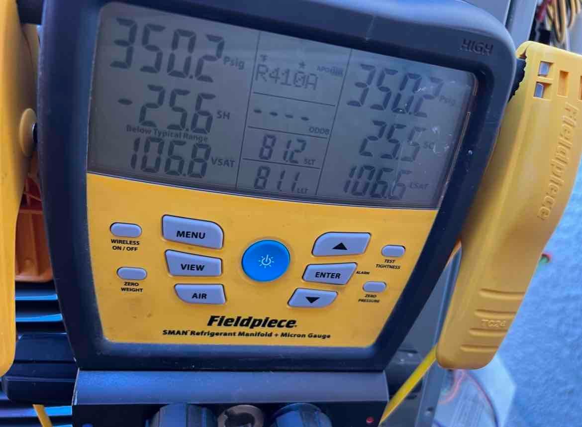 Digital manifold shows both high and low sides at 350 PSI, documenting the nitrogen pressure test on the new system.