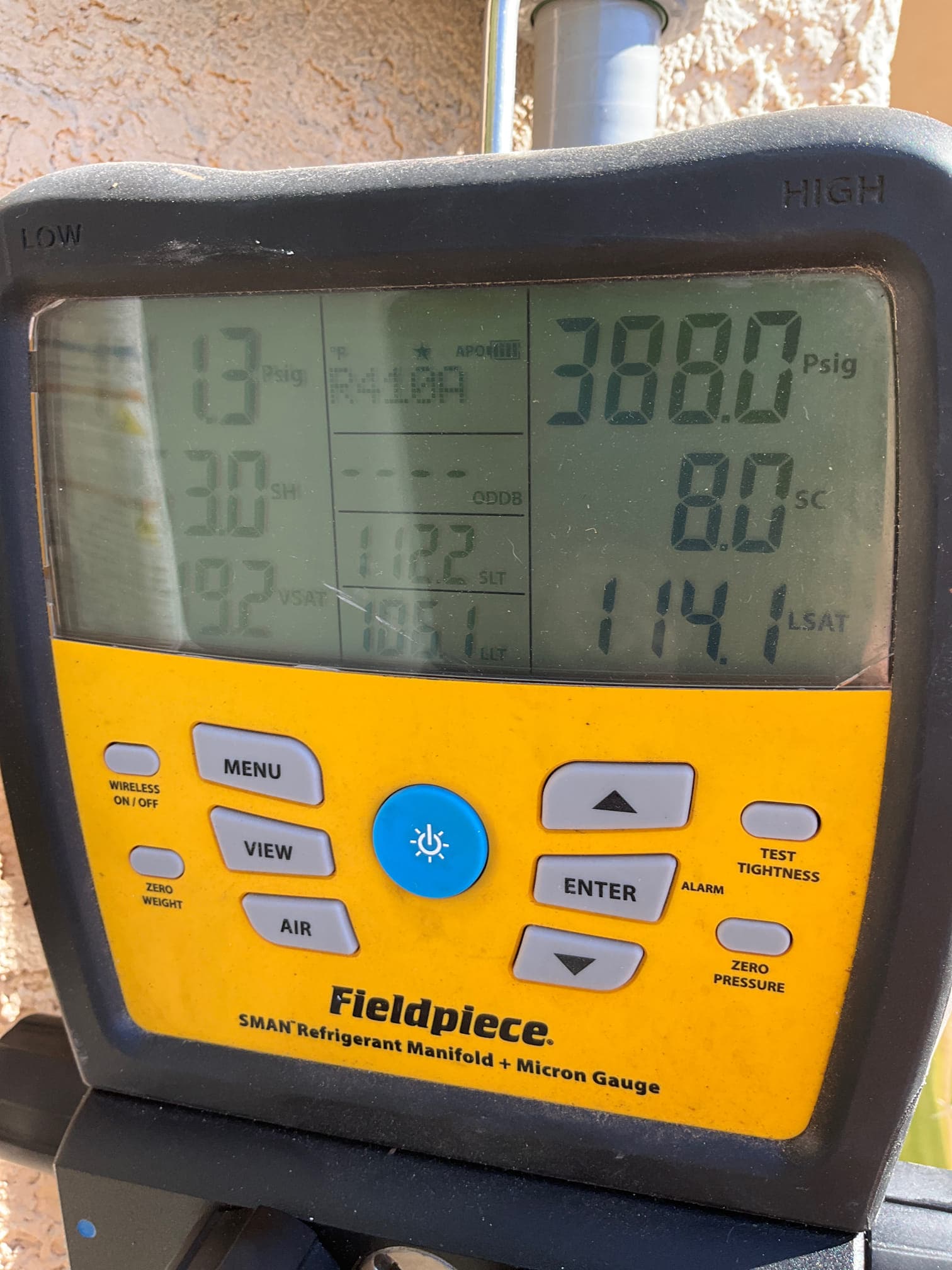 Digital manifold shows system operating with low side at 13 PSI and high side at 388 PSI, refrigerant R-410A, subcooling 8.0.