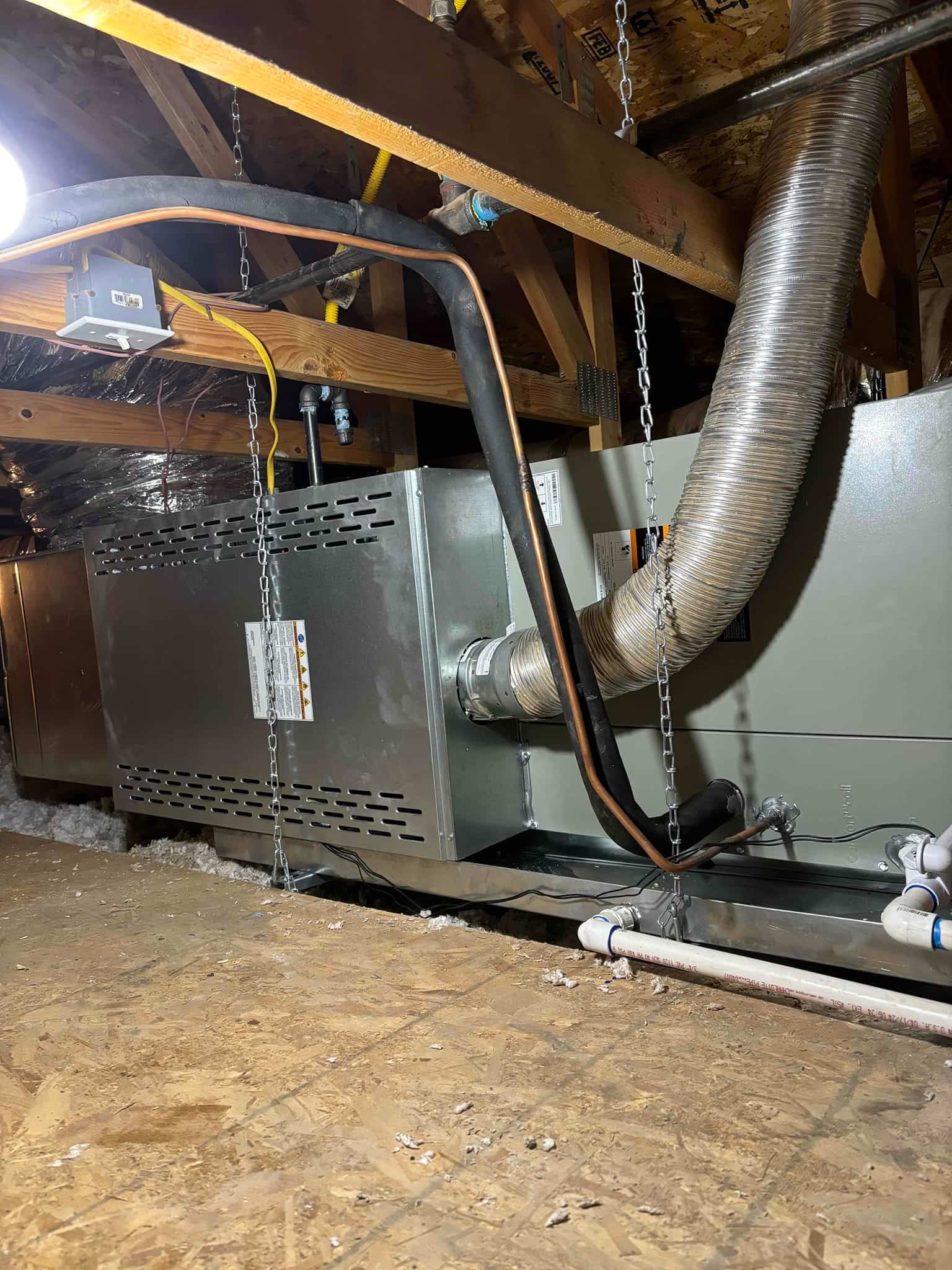 Horizontal furnace and evaporator installed on a drain pan in the attic with insulated refrigerant lines, gas piping, and duct connections.