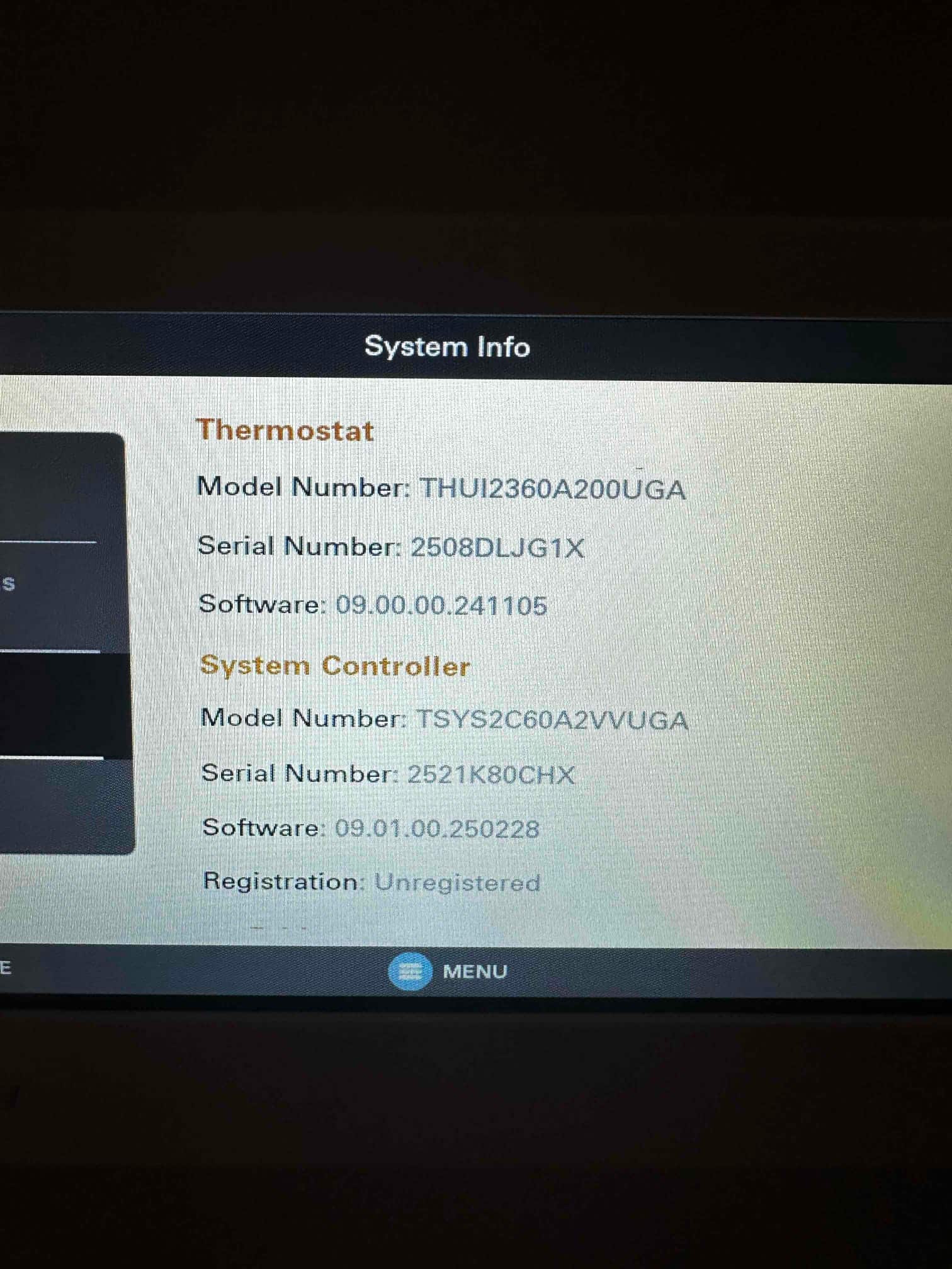 Thermostat screen displays system information for the thermostat and system controller during setup after installation.