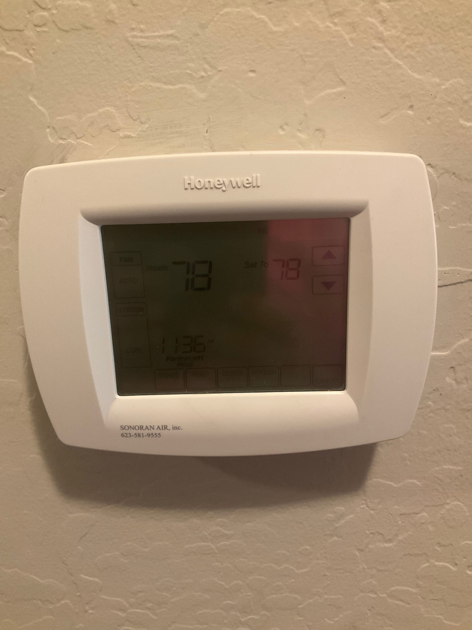 Wall-mounted thermostat displays inside temperature 78 and setpoint 78, cooling mode selected, time reading 11:36.