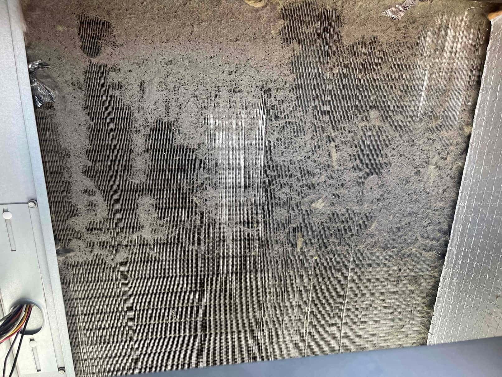 Dirty evaporator coil surface covered with heavy dust and debris buildup inside the air handler housing.