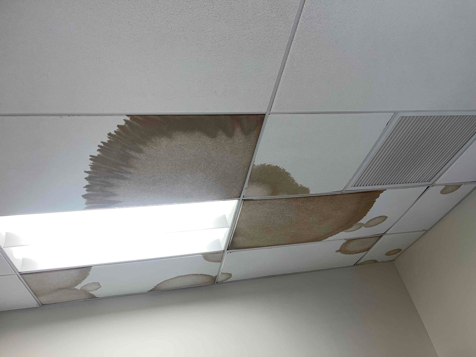Office drop ceiling with multiple brown water stains on tiles near a return grille and fluorescent light fixture.