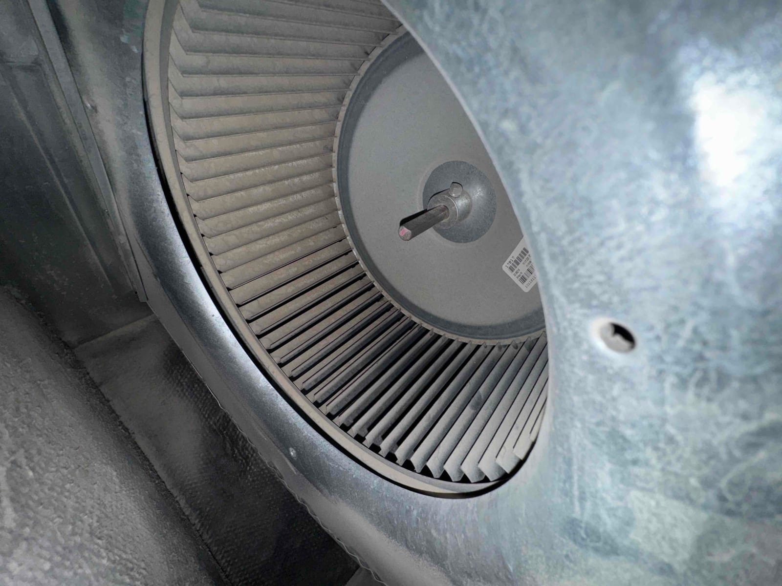 Blower wheel and motor hub inside an air handler housing, showing dust on the fan blades.