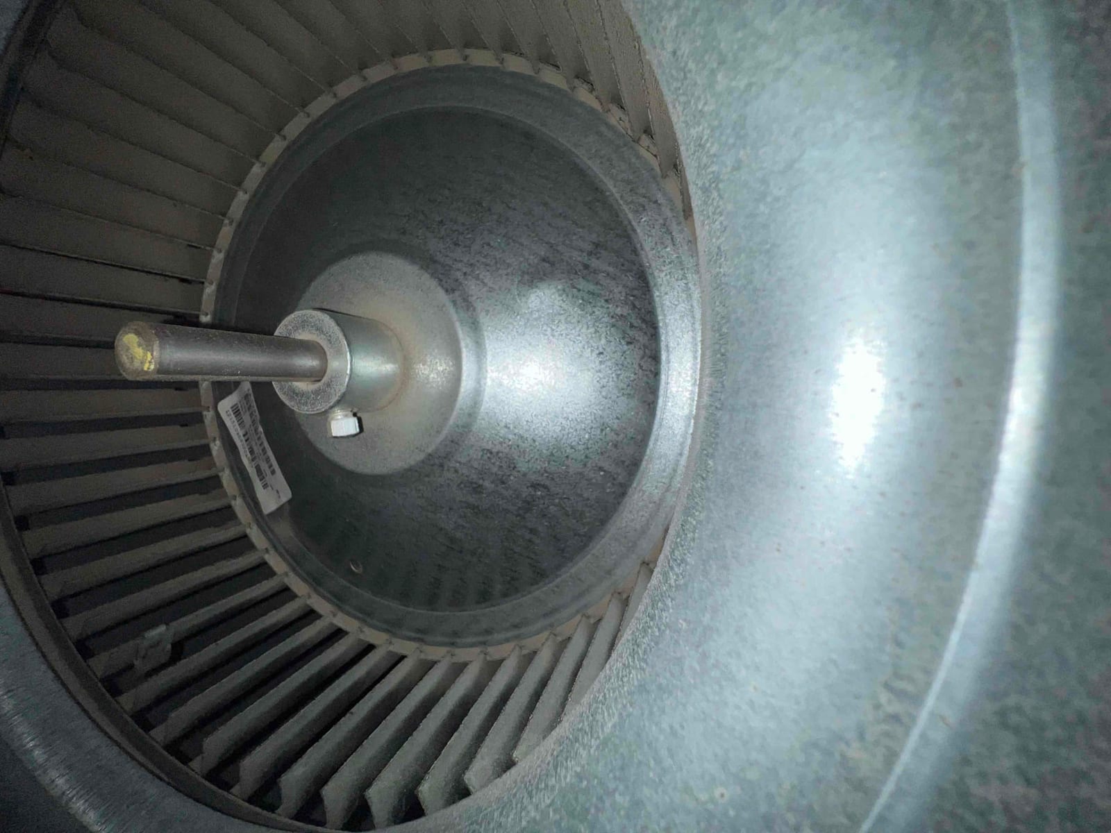 Centrifugal blower wheel and motor shaft inside the air handler, showing dust on the fins and hub.