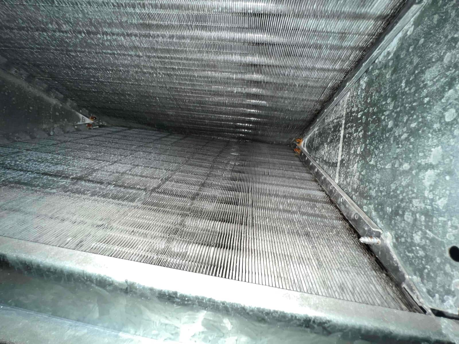 Evaporator A-coil interior, showing clean aluminum fins, triangular arrangement, and galvanized housing with scattered surface spots.