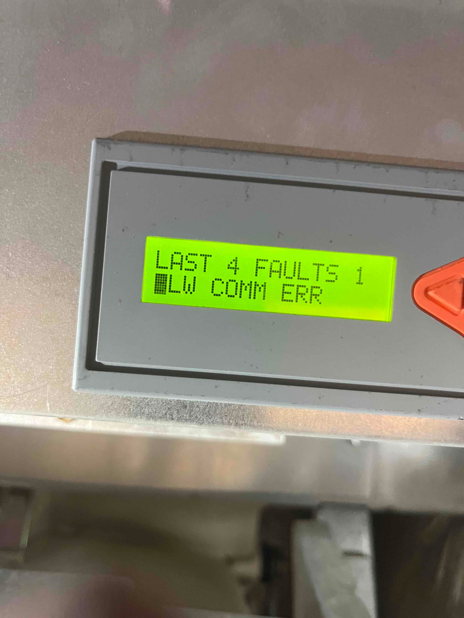 Furnace control board display shows 'LAST 4 FAULTS 1' and 'LW COMM ERR' on the screen.