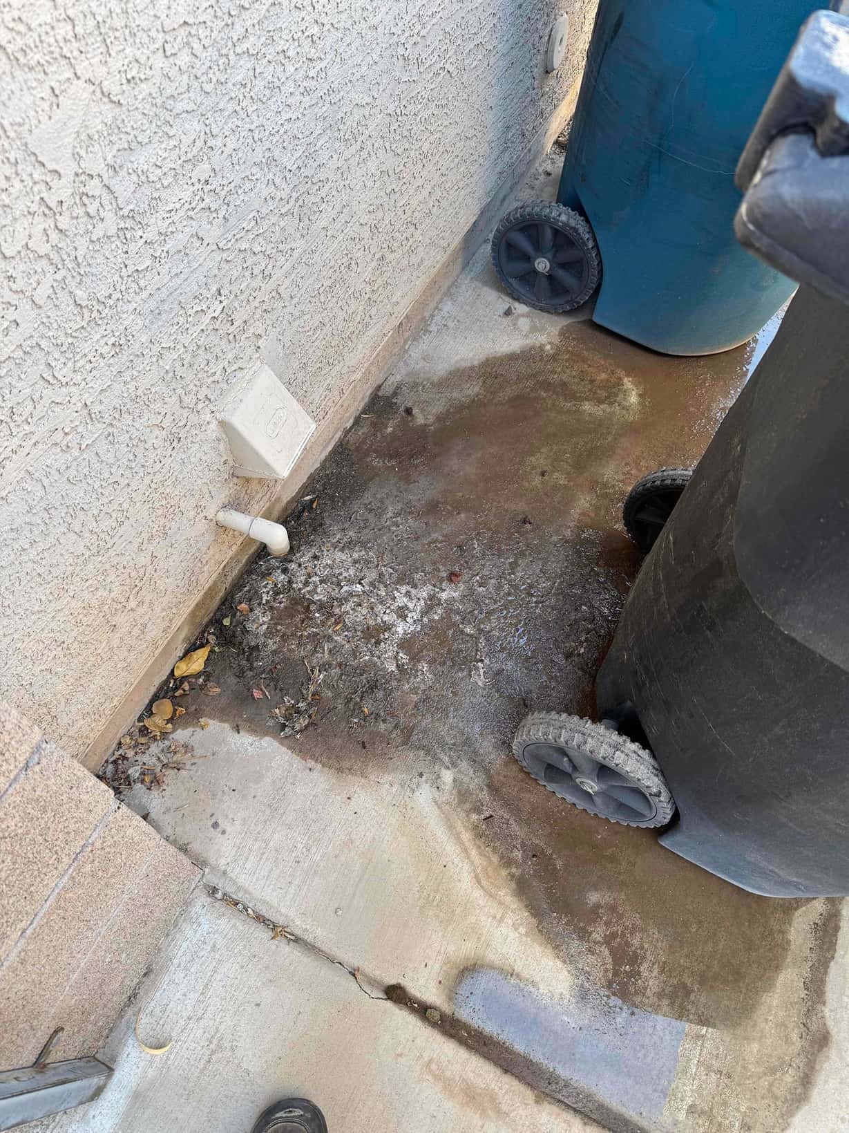 Condensate drain line terminates outside wall, discharging water onto concrete and soil beside trash bins.