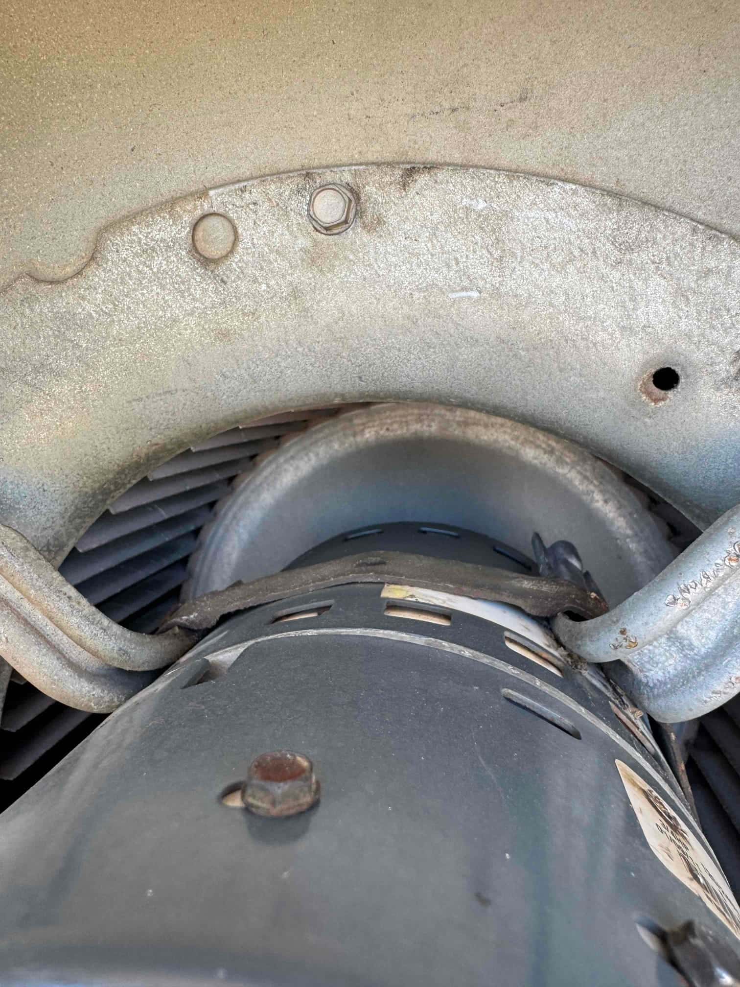 Indoor blower assembly showing motor body, mounting straps, and surrounding squirrel-cage fan housing with dust and surface rust.