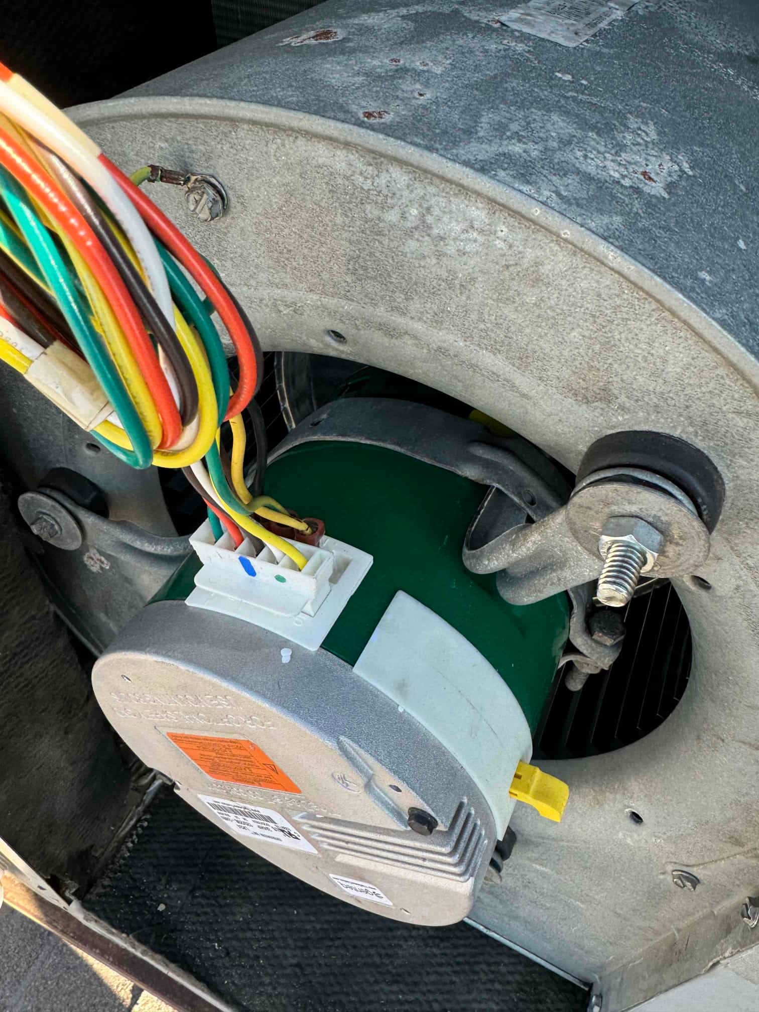 ECM blower motor installed in a galvanized blower housing with multi-color wiring harness connected to the terminal plug.
