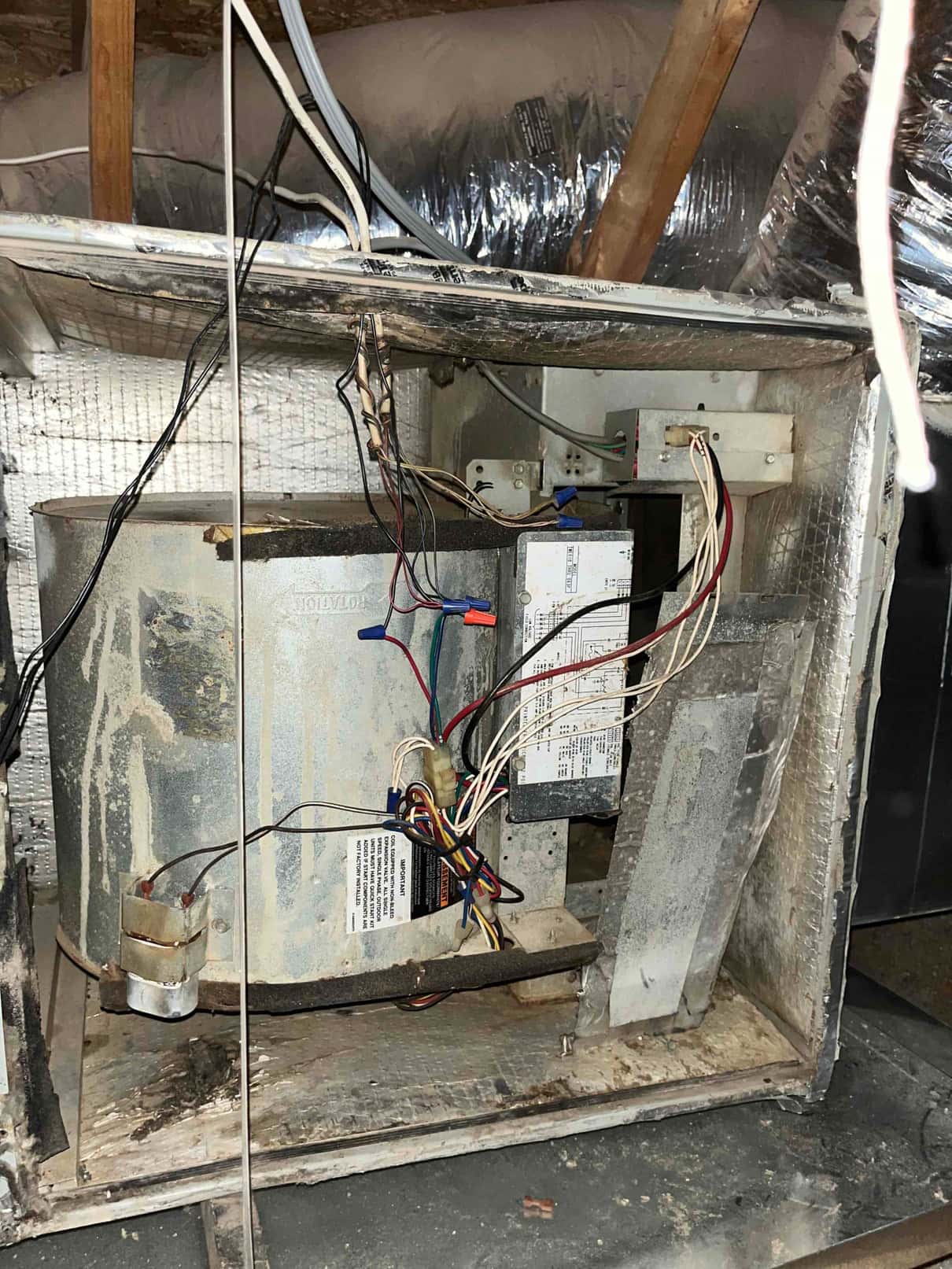 Open air handler cabinet showing blower housing, wiring harnesses, a capacitor on the side, and accumulated dust inside.