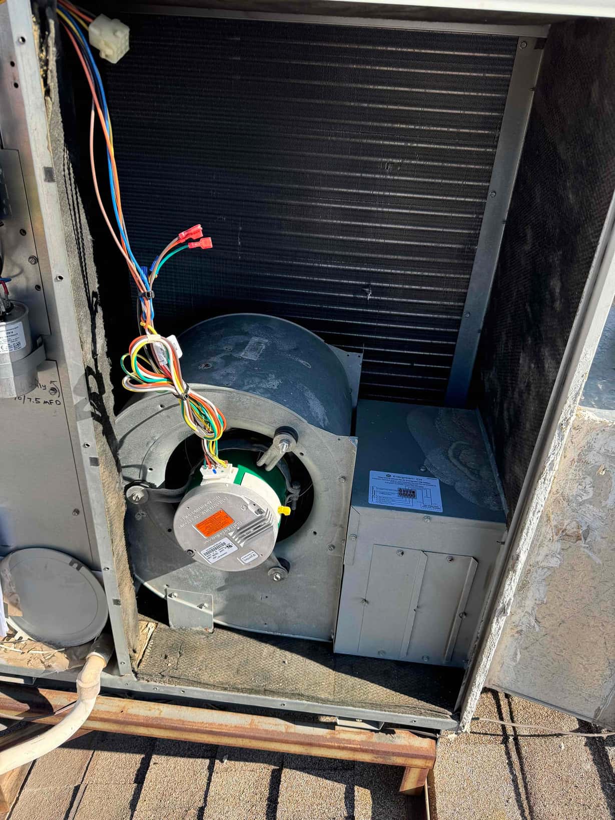 Open air handler compartment showing blower motor and wheel, multi-colored wiring with wire nuts, and the evaporator coil.