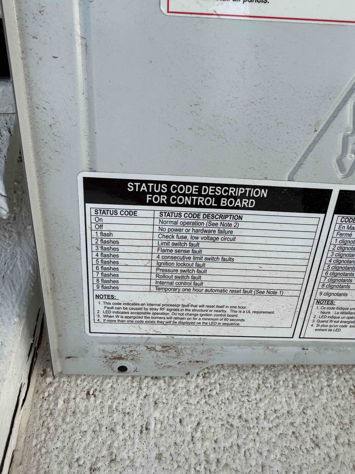 Furnace control board status code chart on the equipment panel, showing LED flash descriptions and notes.