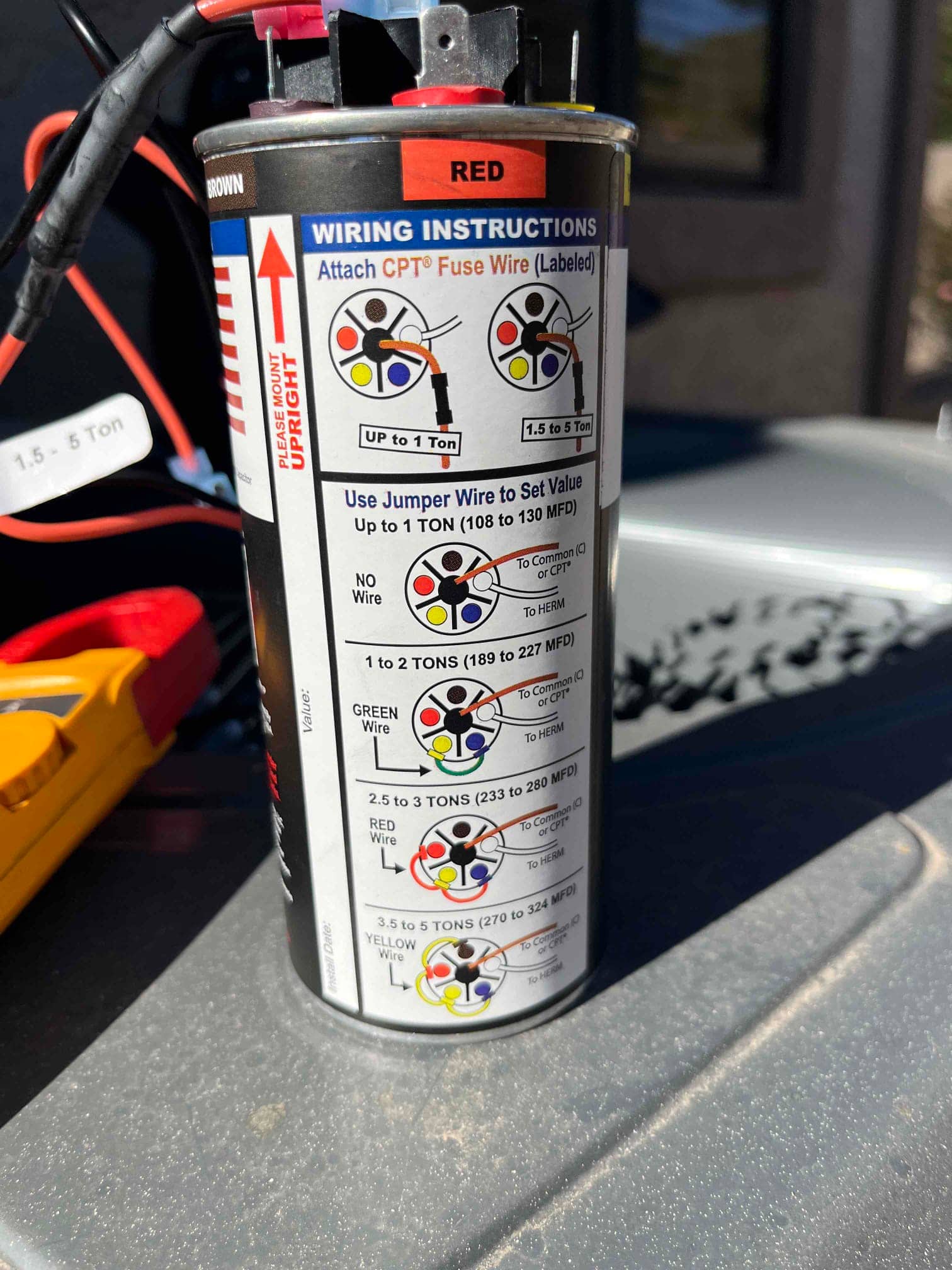 Start capacitor canister shows wiring instructions and printed ranges 108–130 MFD, 189–227 MFD, 233–280 MFD, and 270–324 MFD.