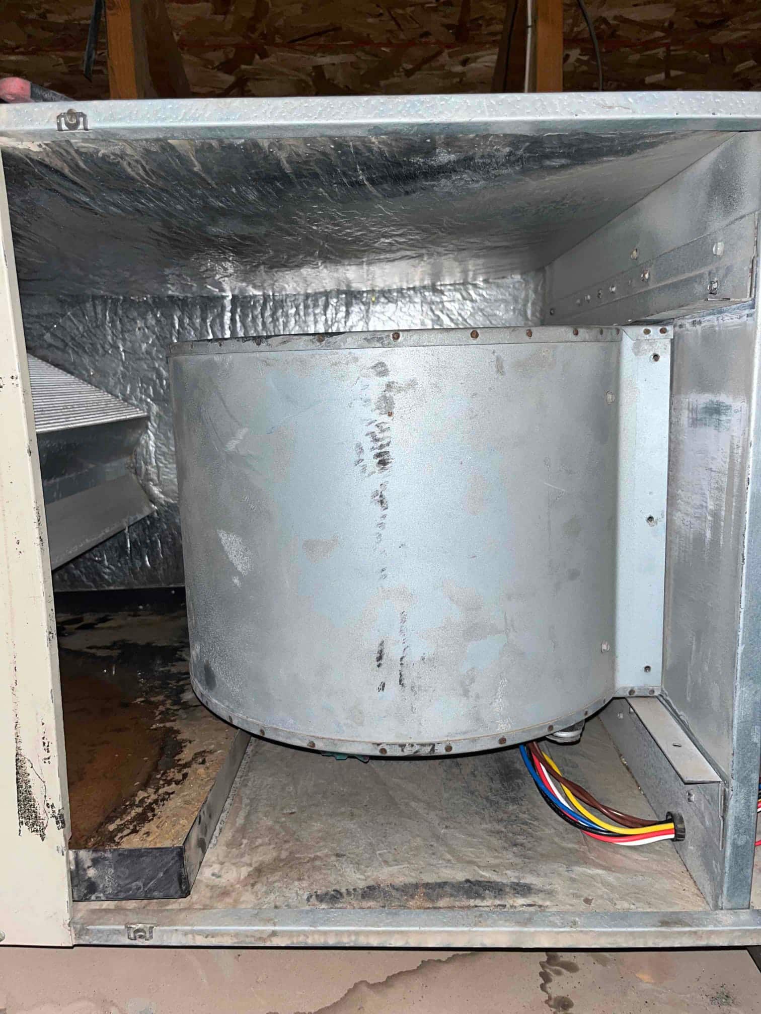 Blower housing inside an air handler cabinet, with multicolored motor leads and water staining visible on the drain pan.