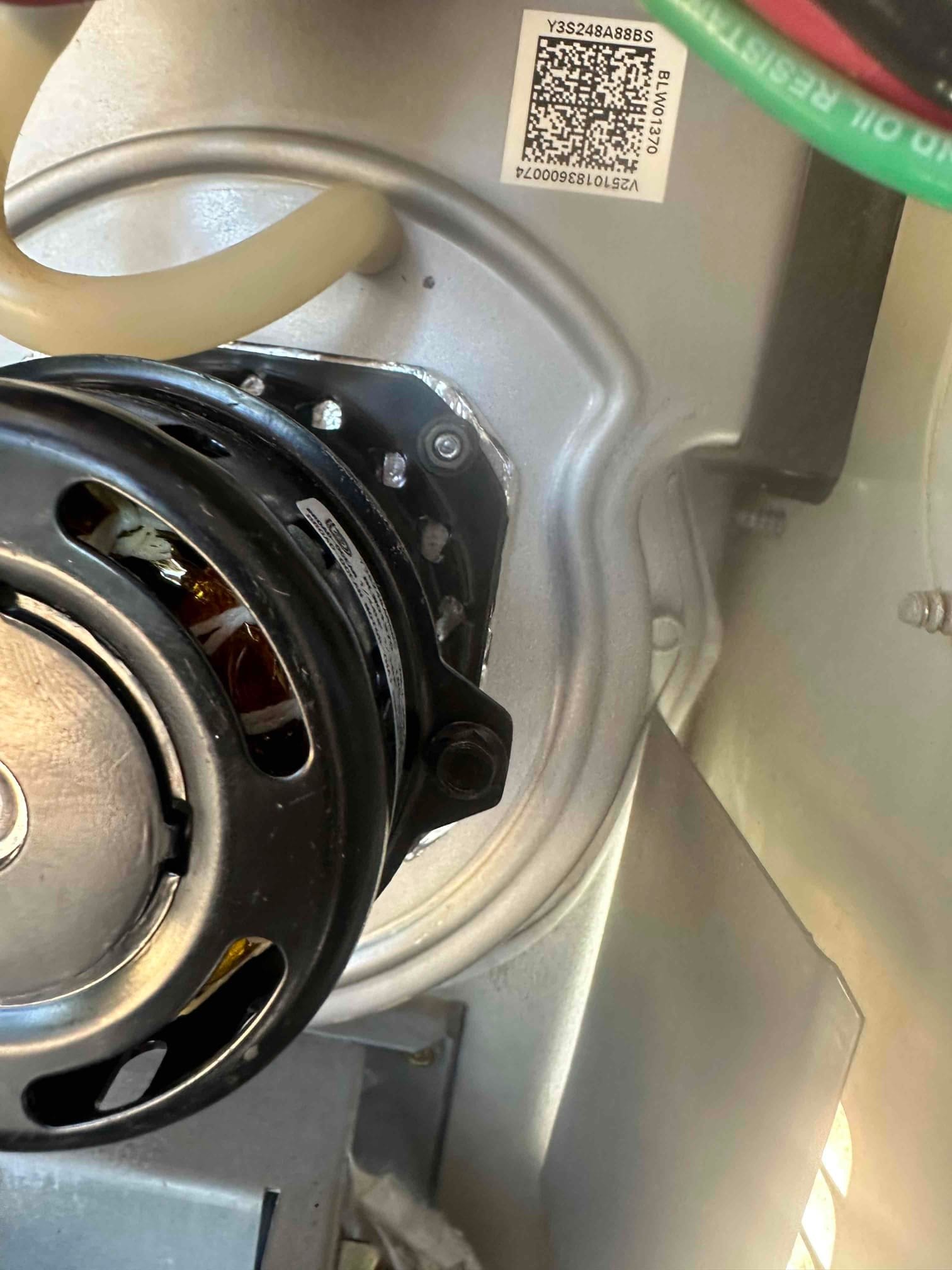 Blower motor mounted to a circular metal housing inside the furnace cabinet, with attached tubing, wiring, and fasteners visible.