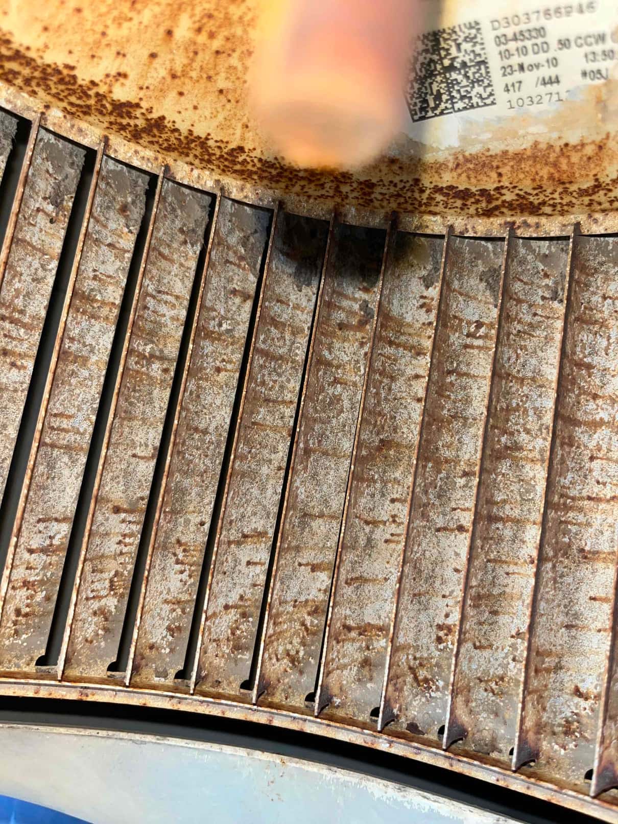 Blower wheel fins show heavy rust and dirt accumulation along the edges and surface.