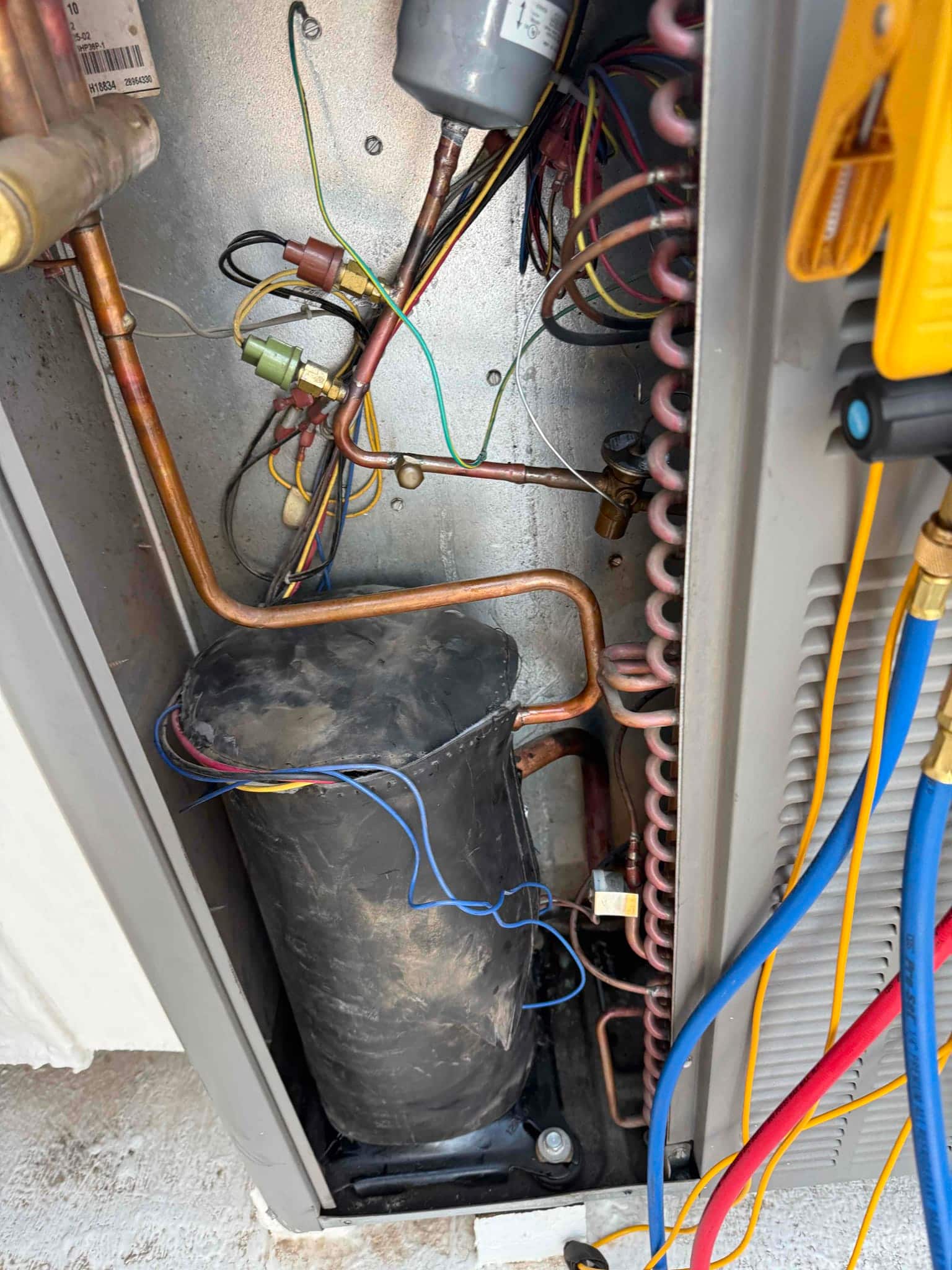 Condenser unit interior showing the compressor with insulation, copper refrigerant piping, control wiring, and coil tubing, with service hoses positioned alongside.