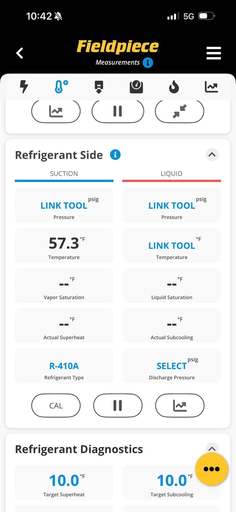 Diagnostic instrument display shows 57.3 °F.