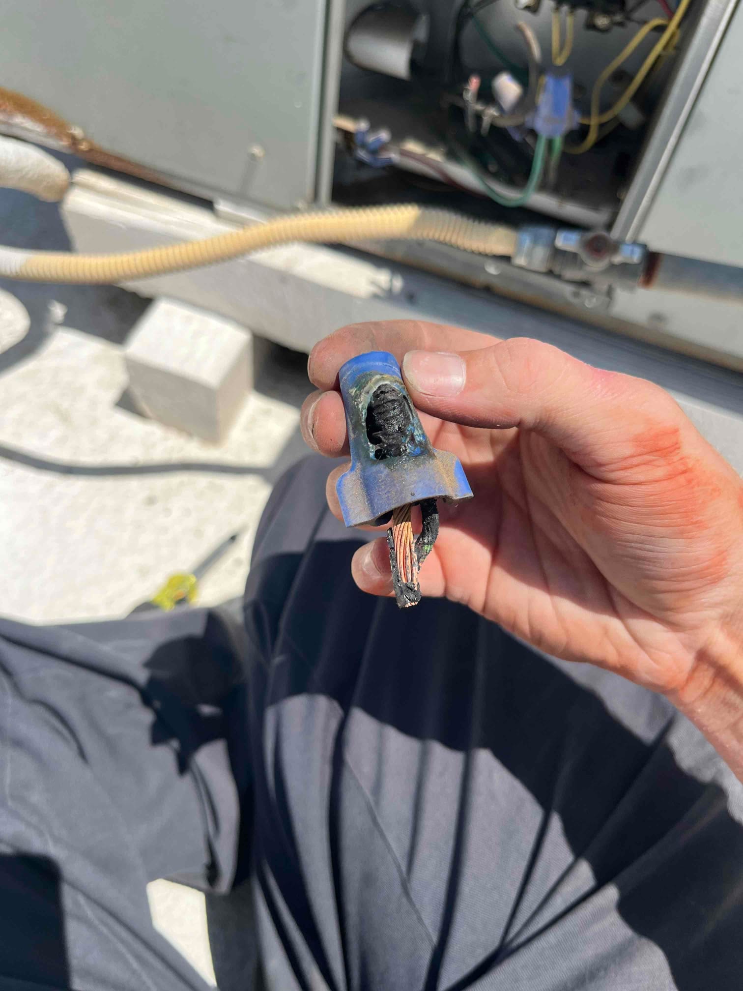 Hand holds a damaged electrical wire with a melted blue insulating connector near an open HVAC unit control compartment.