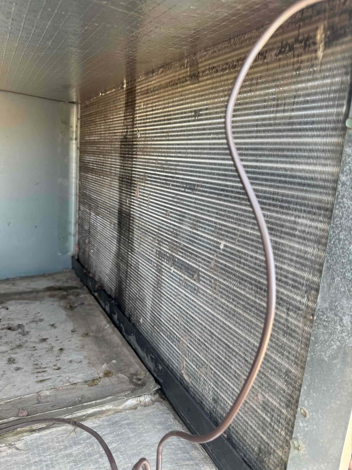 Interior air handler cabinet showing vertical evaporator coil fins with visible dust buildup, drain pan surface below, and a brown sensor wire.