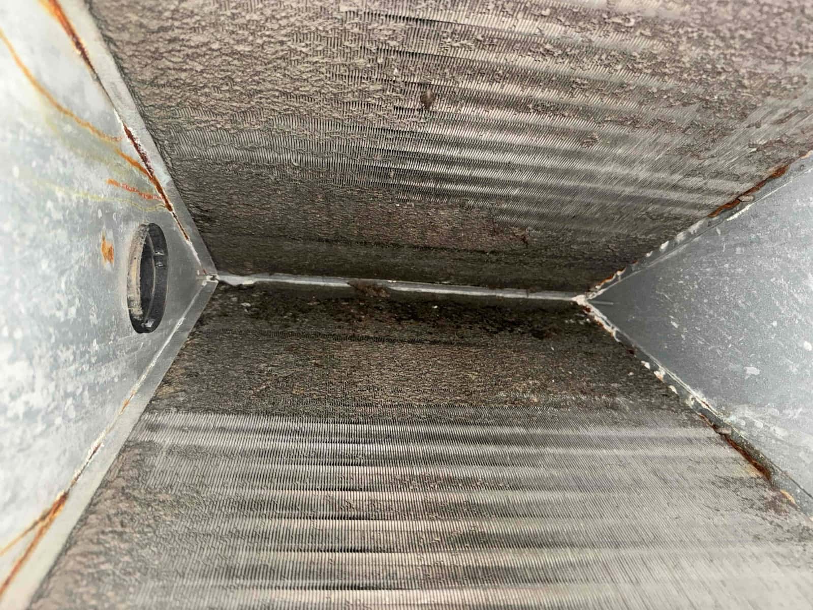 Interior of A-coil housing showing evaporator coil fins with visible dust accumulation on fins and surrounding galvanized surfaces.