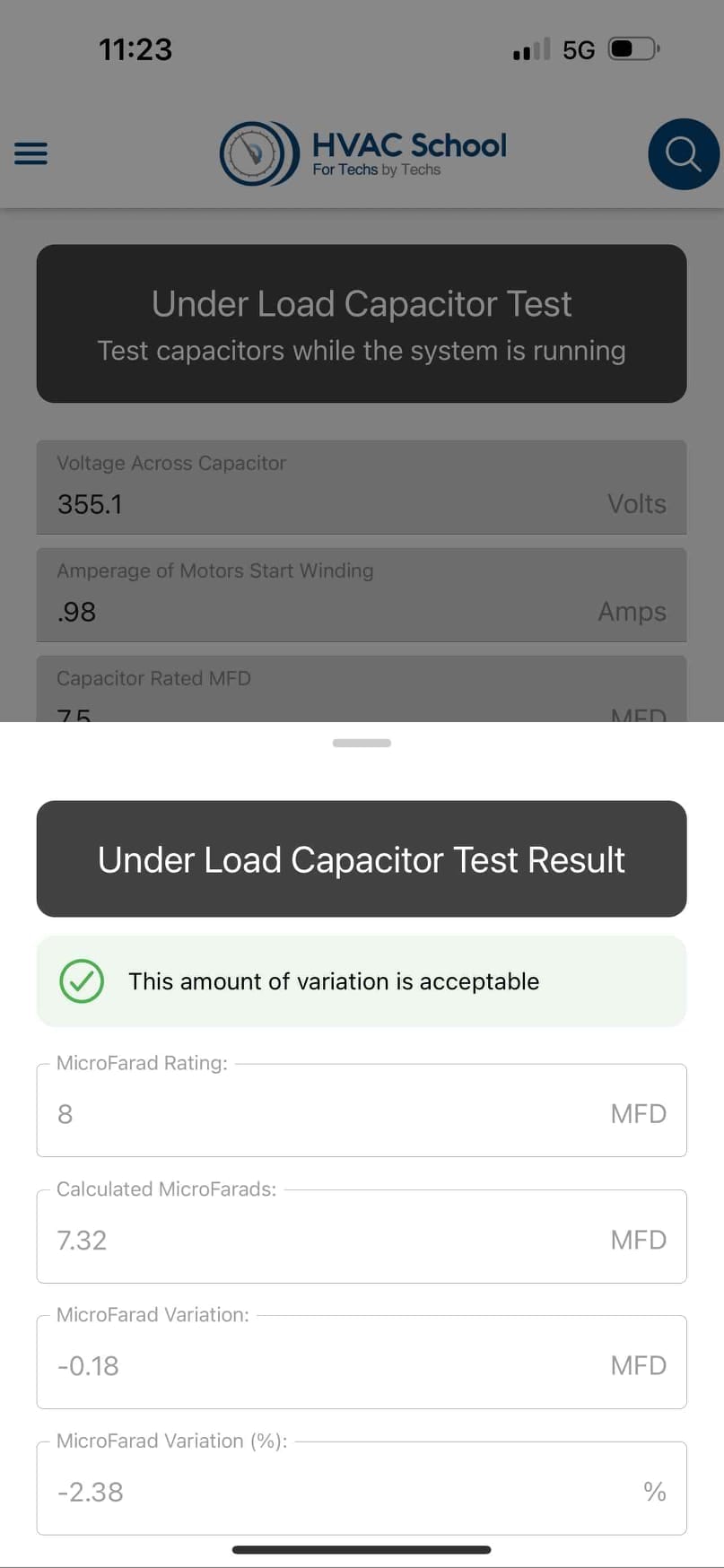 Mobile app screen shows under-load capacitor test fields with entered voltage, amperage, and calculated microfarads.