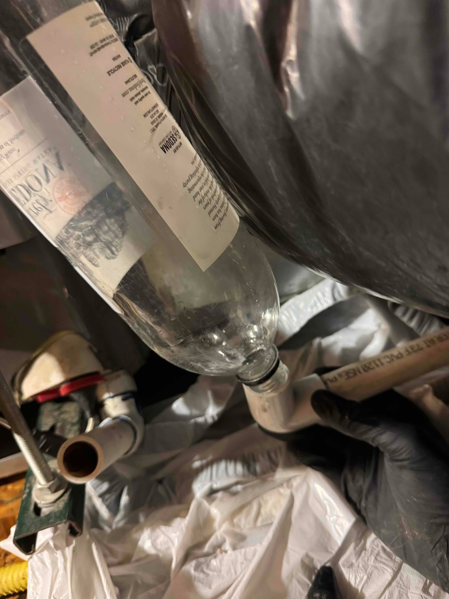 PVC drain piping and elbow with an inverted bottle positioned at the open cleanout, gloved hand holding the pipe.