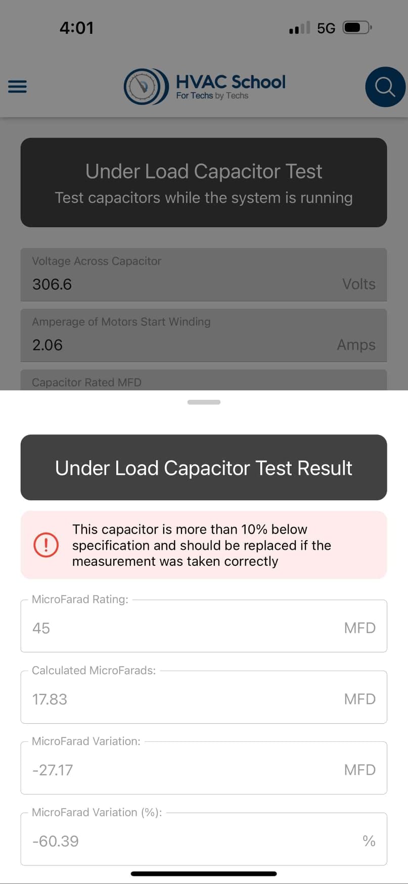 Smartphone screen displays an HVAC under-load capacitor test app with voltage, amperage, and calculated microfarads fields and results.