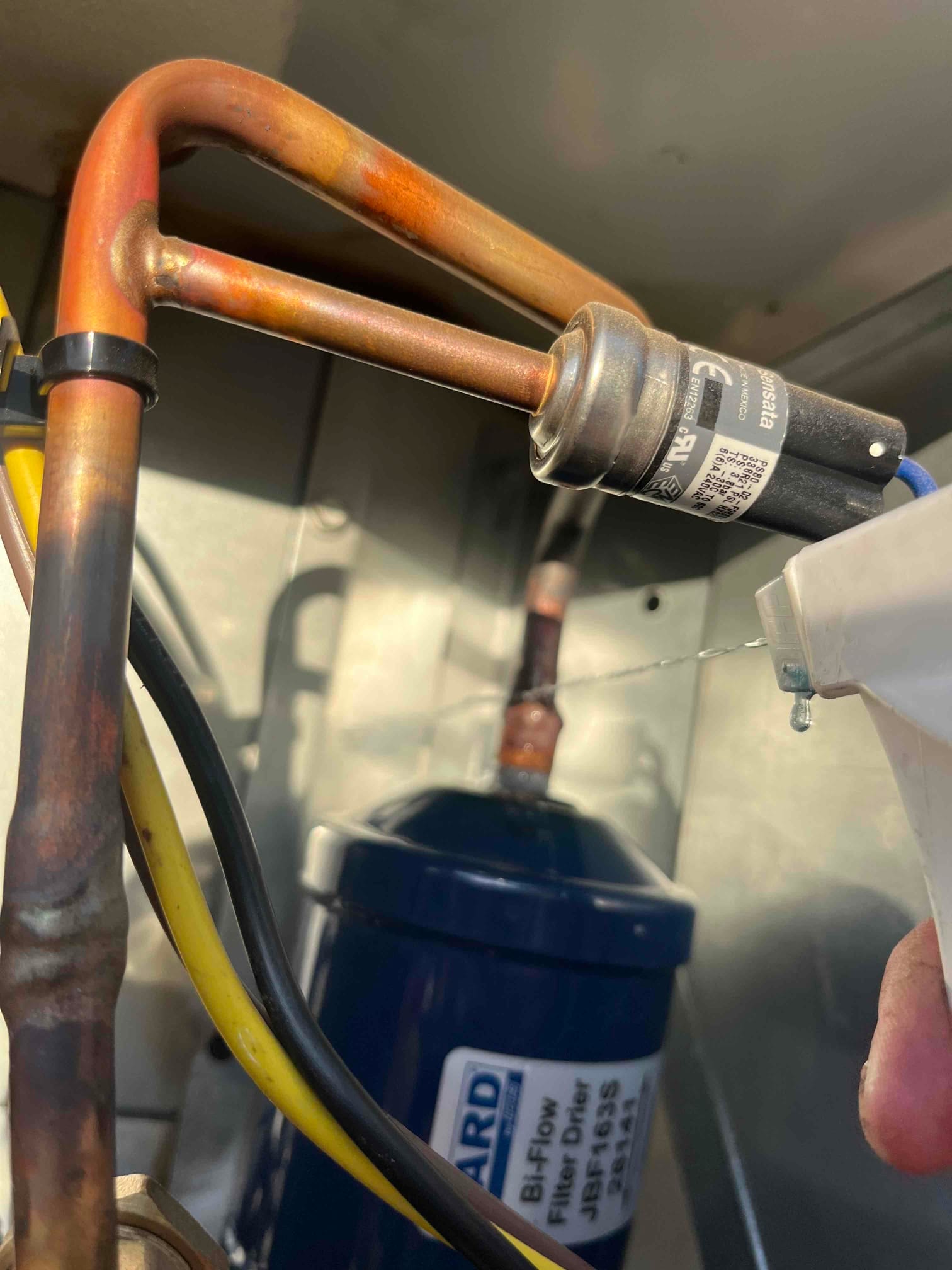 Copper refrigerant lines, bi-flow filter drier, and a drip forming from a nearby plastic housing.