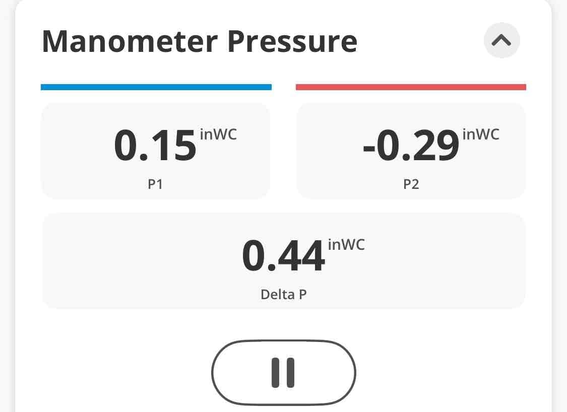 Diagnostic instrument display shows 0.44 inWC.