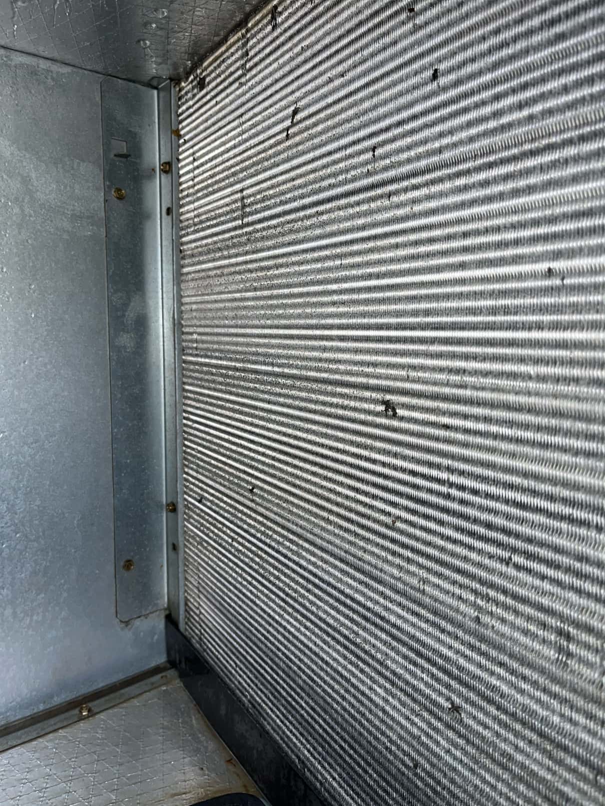 Evaporator coil surface inside air handler cabinet with aluminum fins and scattered debris spots.
