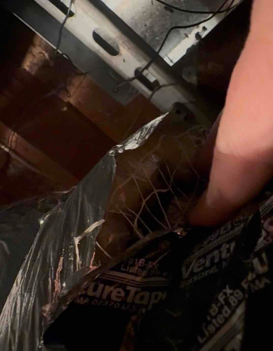 Flexible duct insulation is torn open, exposing internal mesh and foil facing near framing.