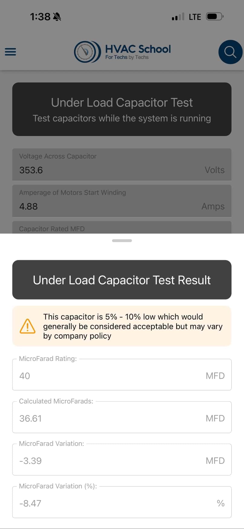 Phone screen displays an HVAC capacitor test calculator with entries: 353.6 volts, 4.88 amps, rating 40 MFD, calculated 36.61 MFD.