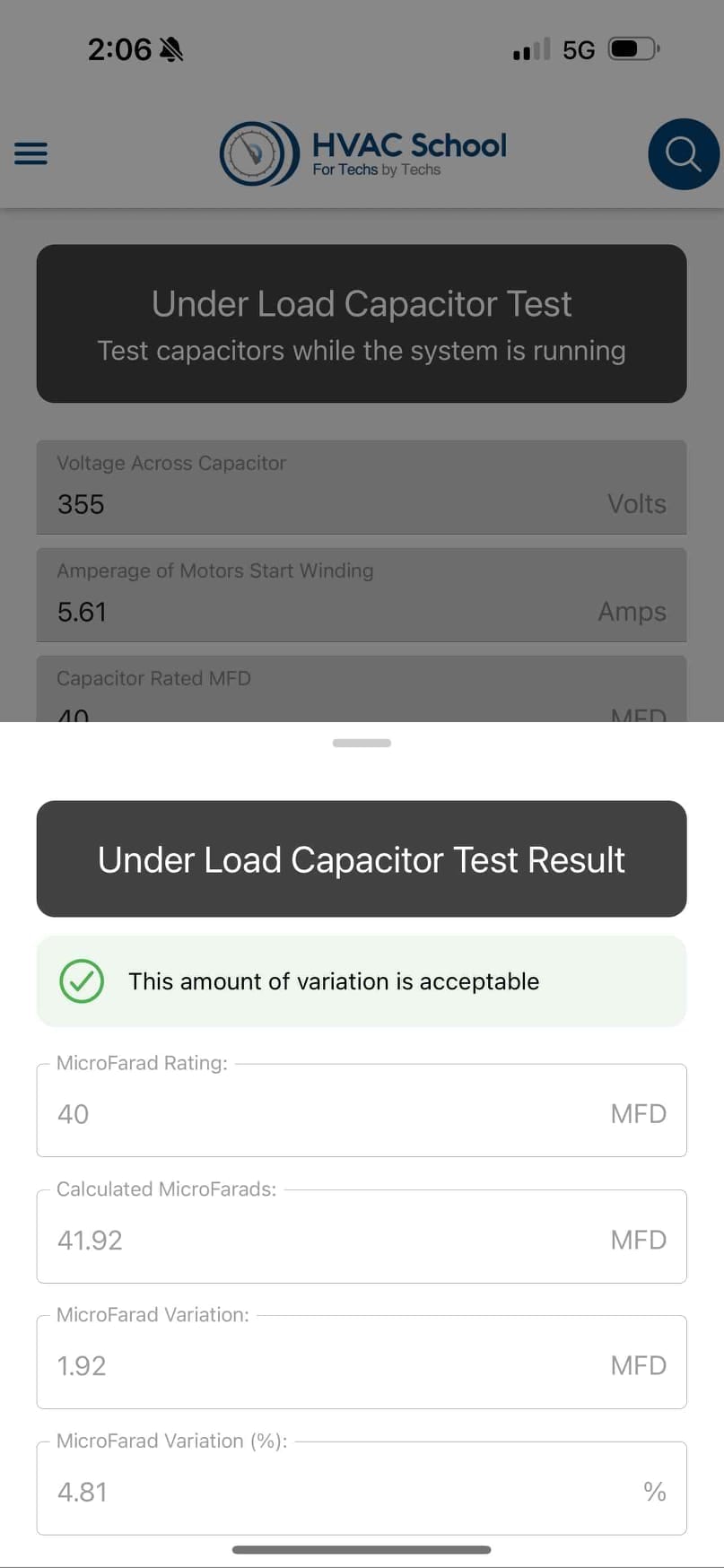 Smartphone screen shows an under-load capacitor test calculator with entered values and calculated microfarads and variation percentages.