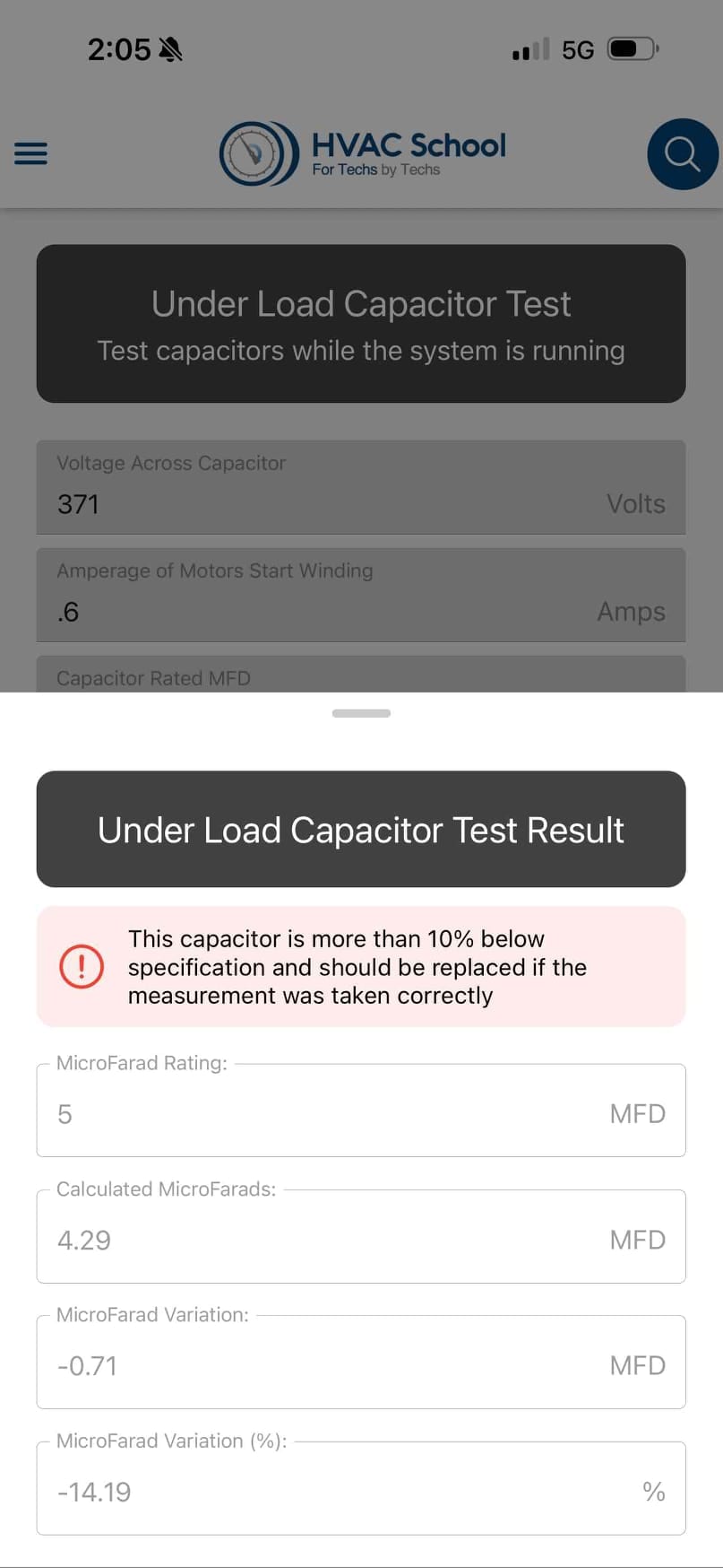 Smartphone screen shows an Under Load Capacitor Test result with 5 MFD rating and calculated 4.29 MFD.