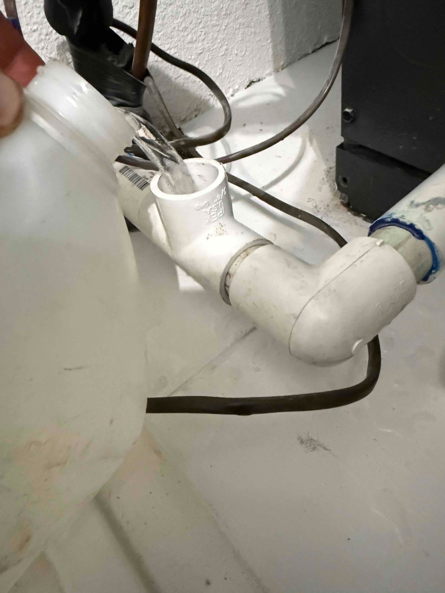 Water pours from a jug into the condensate drain cleanout tee next to the air handler.